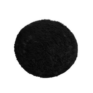 Polyester Faux Fur Black 4 ft. x 4 ft. Solid Fluffy Round Area Rug