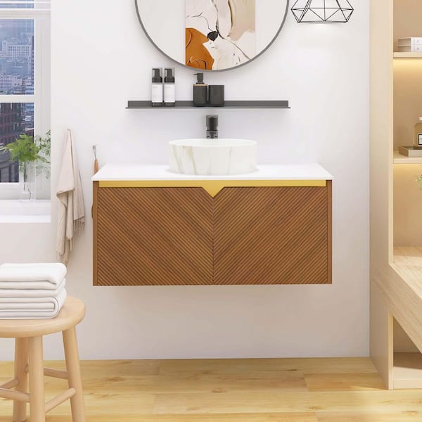 Yingze 36 in. Wall Mounted Single Sink Brown Oak Bath Vanity with