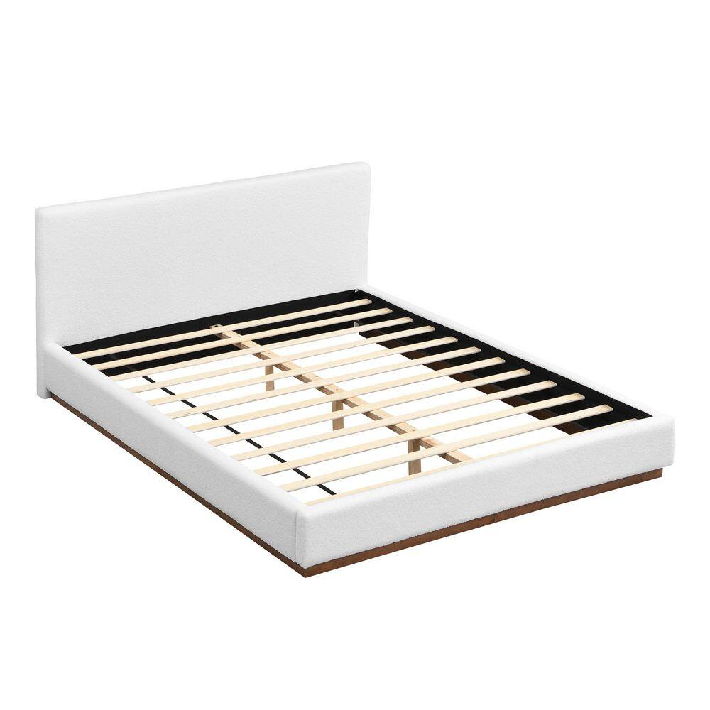 Penn White Boucle Fabric Upholstered Solid Wood Frame Queen Size Platform Bed with Headboard - thumbnail 4