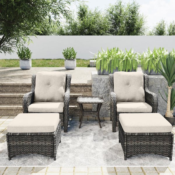 Gardenbee 5-Piece Wicker Outdoor Patio Conversation Set with Beige Cushions, Ottomans and Side Table
