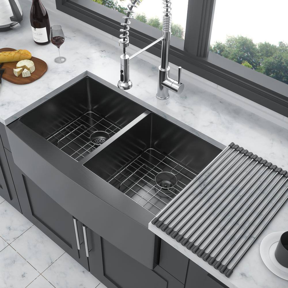 33 in. Farmhouse/Apron-Front Double Bowl (50/50) 16 Gauge Gunmetal Black Stainless Steel Kitchen Sink with Bottom Grids price history on PriceWatchPro