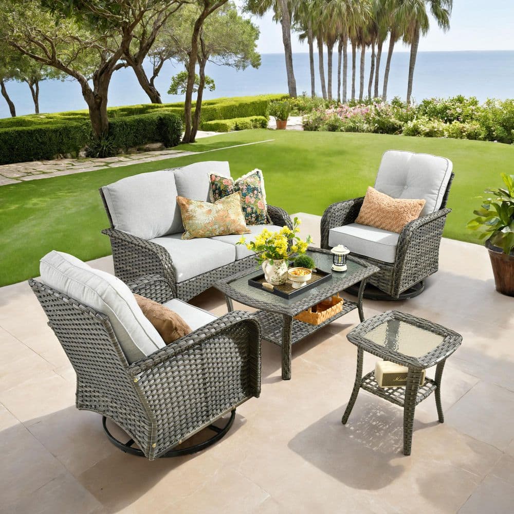 Valora 5-Piece Gray Wicker Outdoor Sectional Set with Light Gray Cushion, Coffee Table and Side Table for Deck, Patio price history on PriceWatchPro