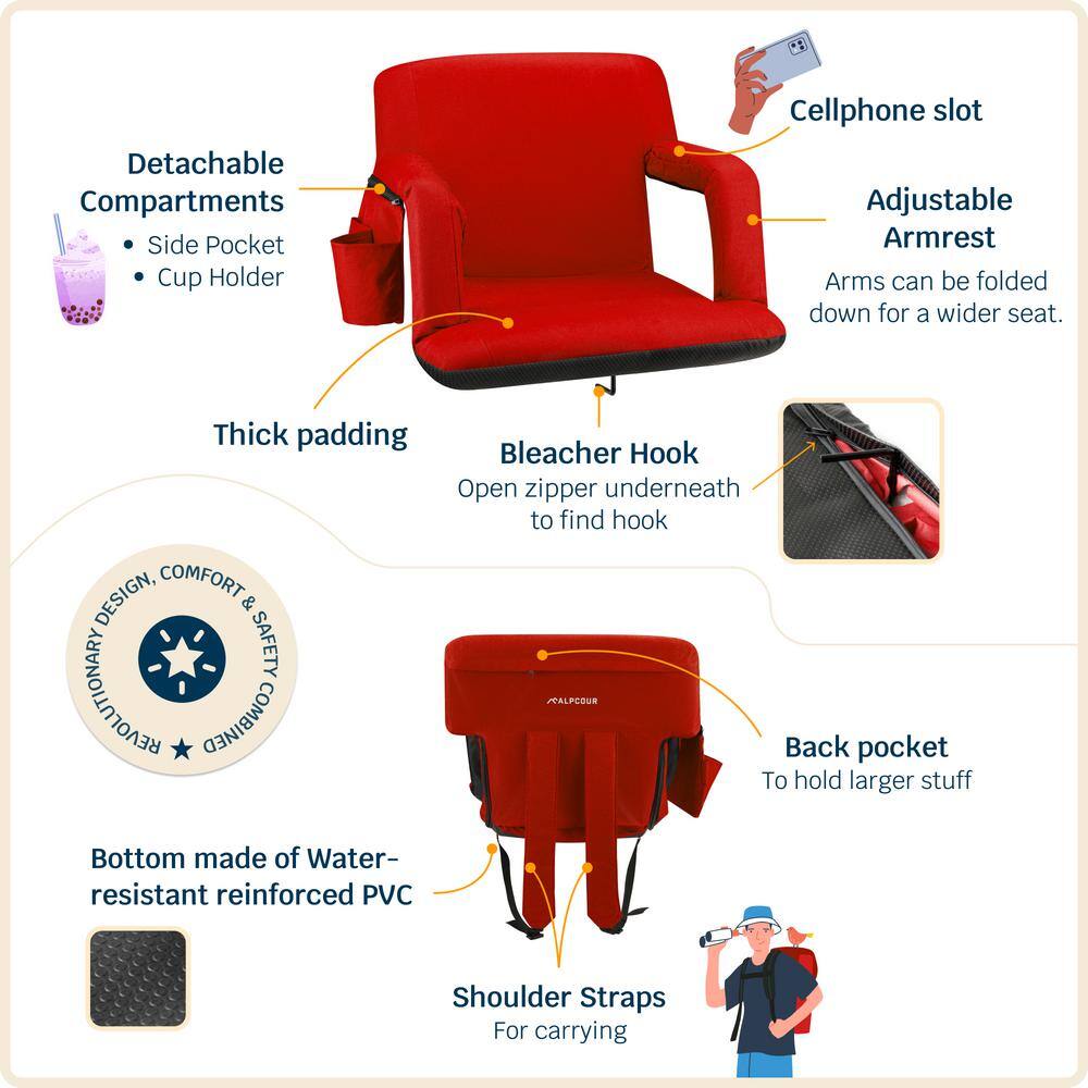 Alpcour Extra-Wide Red Polyester Reclining Stadium Seat with Armrests