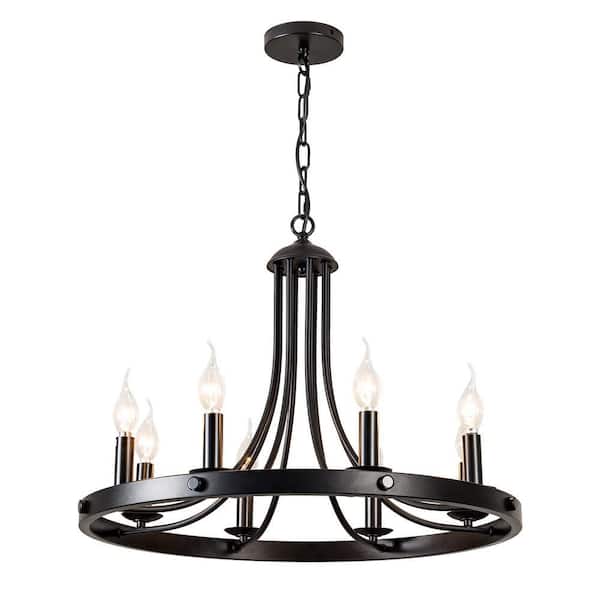 8-Light Black Rustic Wagon Wheel Chandelier for Dining Room, Kitchen Island, Entryway