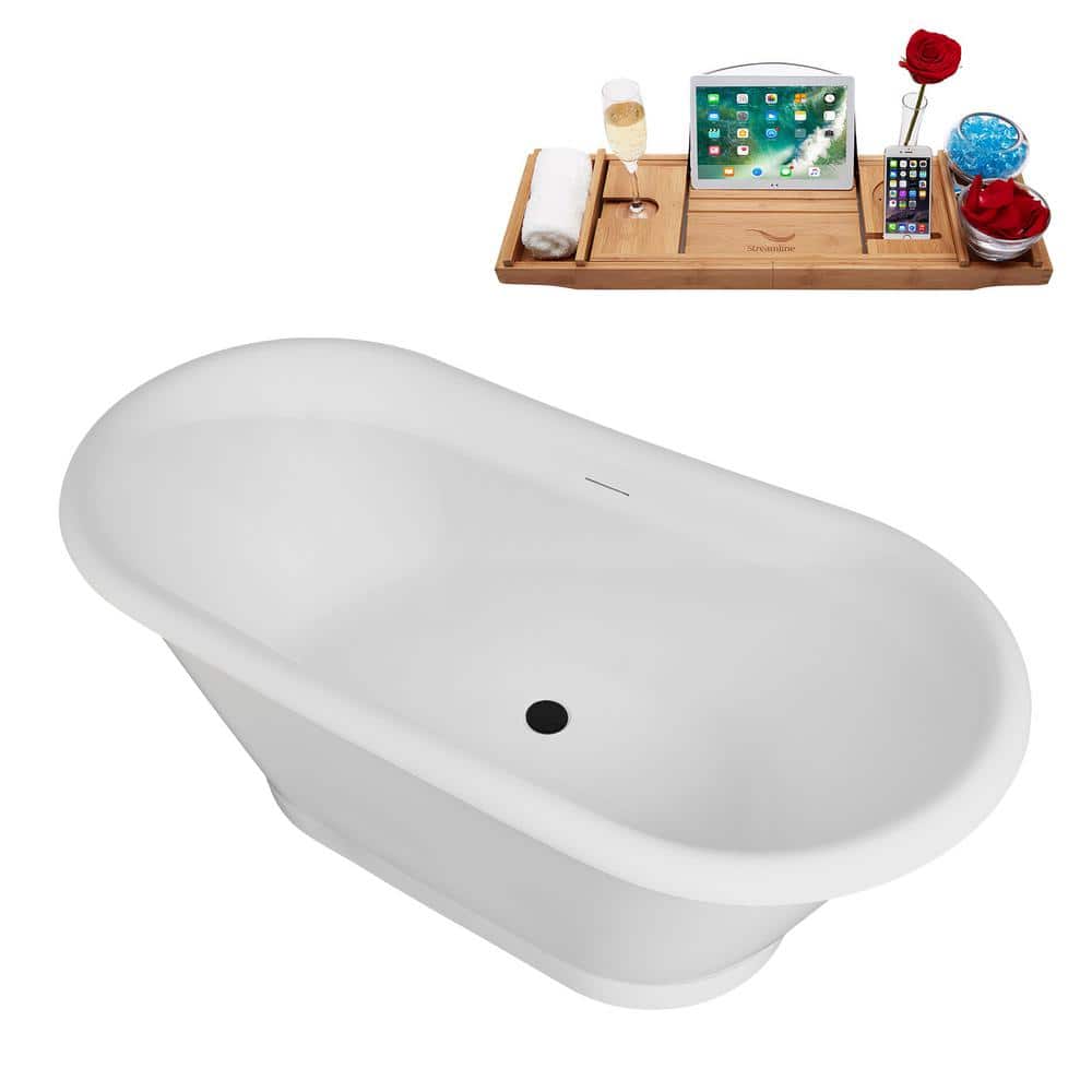 59" Glossy White Acrylic Freestanding Slipper Tub with Matte Black Trim
