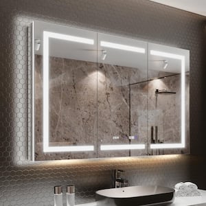 54 in. W x 36 in. H Rectangular Silver Aluminum Recessed/Surface Mount Medicine Cabinet with Mirror, LED and Clock