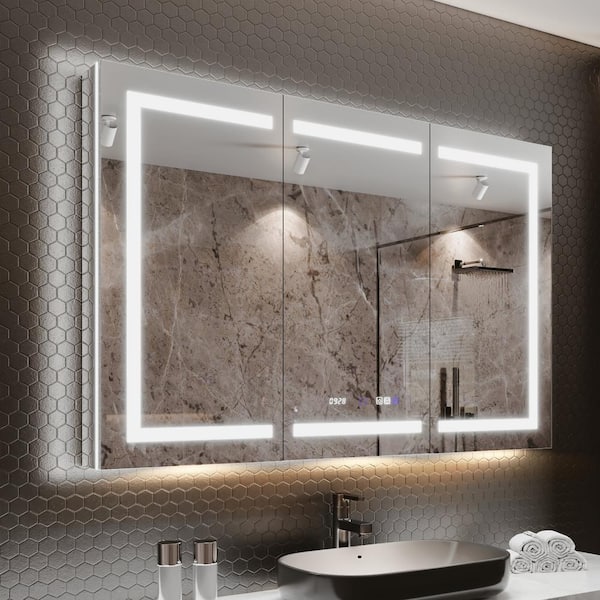 AZDHOME 54 in. W x 36 in. H Rectangular Silver Aluminum Recessed/Surface Mount Medicine Cabinet with Mirror, LED and Clock