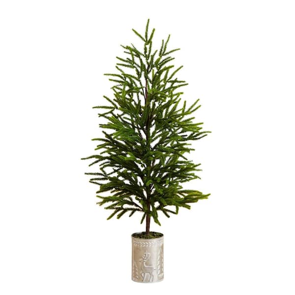 32 in. Artificial Real Touch Norfolk Island Pine in Christmas Tin Metal Planter with Natural Look