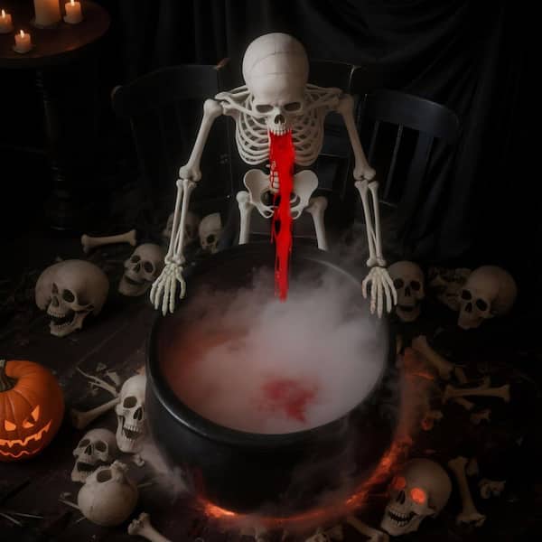 Ultrasonic Mist Maker Fogger with Black Witch Cauldron Halloween Skeleton Splash Guard, Easy to Operated and Safe to Use