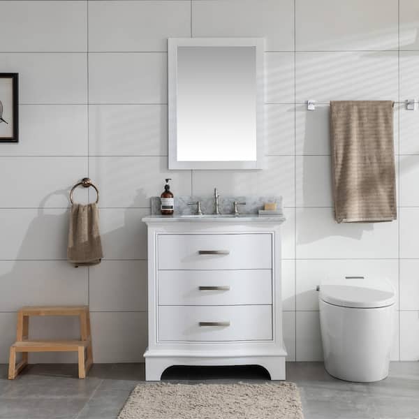 SUDIO Monroe 30 in. W x 22 in. D Bath Vanity in White with Natural Marble Vanity Top in Carrara White with White Sink