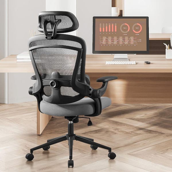High Back Mesh Ergonomic 120°Tilt Office Chair with Adjustable Headrest and Lumbar Support in Gray with Flip-Up Arms