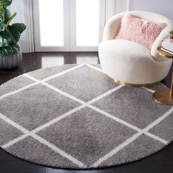 Tahoe Shag 7 ft. x 7 ft. Gray/White Diamond Abstract Round Area Rug