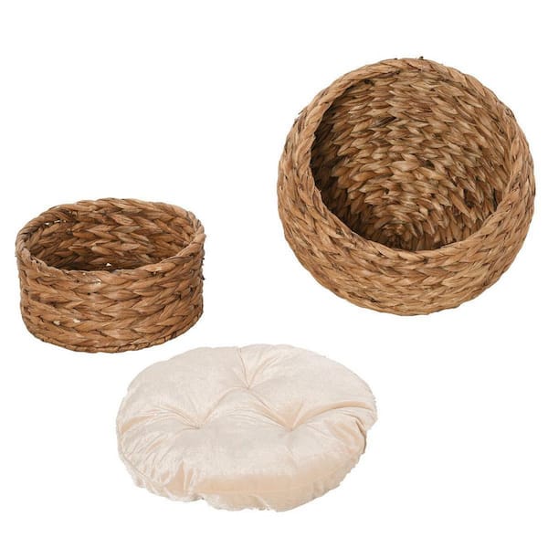 FORCLOVER 23.5 in. H Kitty Sill Medium Natural Brown Braided Rattan Wicker Window Sill Cat Seat Cat Bed Cave with Beige Cushion