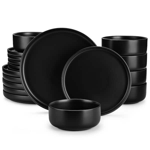 18-Piece Black Stoneware Dinnerware Set Service for 6 Cereal Bowls Dinner Plates Dessert Plates Tableware Set
