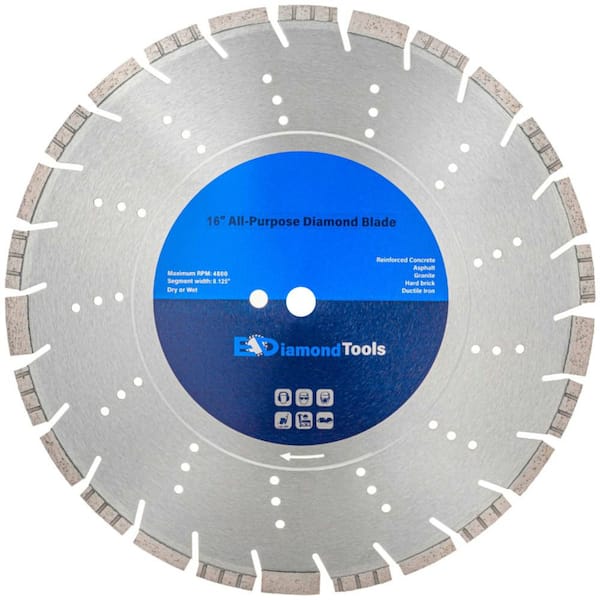 16 in. Hard/Reinforced Concrete, Asphalt, Granite, Terrazzo, Segmented Rim, All Purpose Diamond Saw Blades, 20 mm Arbor