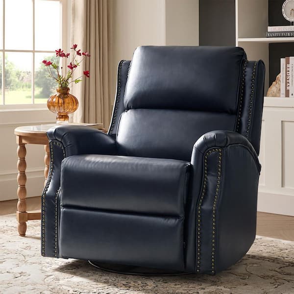 Felisa Navy Transitional Genuine Leather Recliner with Fabric Pocket