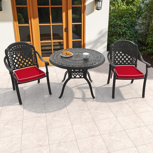 Willit Isabella Black 3-Piece Cast Aluminum Outdoor Dining Set with Round Table and Dining Chairs and Red Seat Cushion