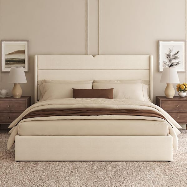JAYDEN CREATION Roy Oatmeal 84 in. W MDF and Iron Frame Lift Up Storage Upholstered Platform King Bed