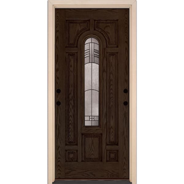 Feather River Doors 37.5 in. x 81.625 in. Rochester Patina Center Arch Stained Walnut Oak Right Hand Inswing Fiberglass Prehung Front Door