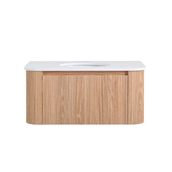36 in. Wall Mounted Natural Wood Bath Vanity with White Cultured Marble Top Pre-Assembled