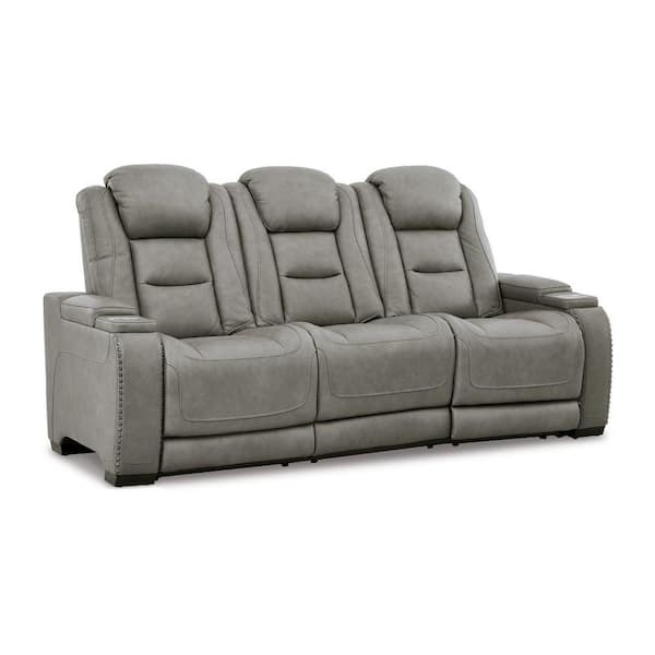 Benjara 40 in. Straight Arm Leather Straight Rectangle Power Reclining Sofa in Gray