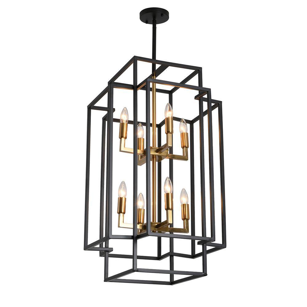 8-Light Black Industrial Candle Style Square Lantern Chandelier Kitchen Isl