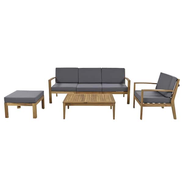 Boosicavelly 6-Piece Acacia Wood Frame Outdoor Patio Sectional Sofa Set with Coffee Table and Grey Removable Cushion