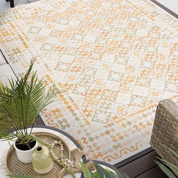 Flora Orange 8 ft. x 10 ft. Moroccan Indoor/Outdoor Area Rug