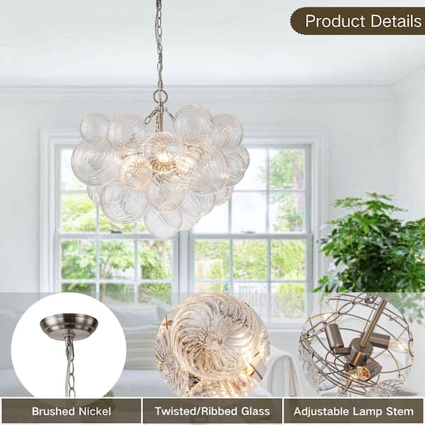 Neuvy 3-Light 23.6 in. W Nickel Chandelier with Swirled-Glass Orb Cluster Bubble Ribbed Glass Chandelier for Living Room