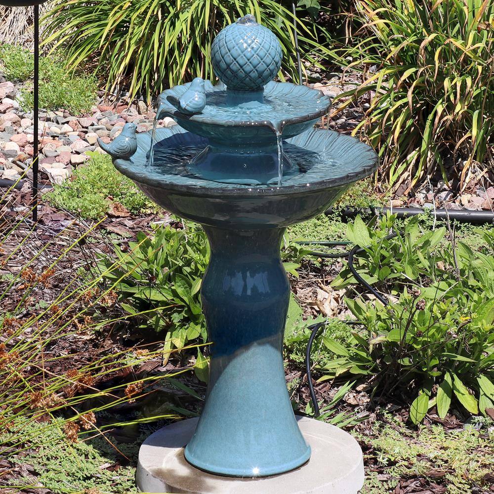 Blue Ceramic 27" 2-Tier Outdoor Fountain with Birds