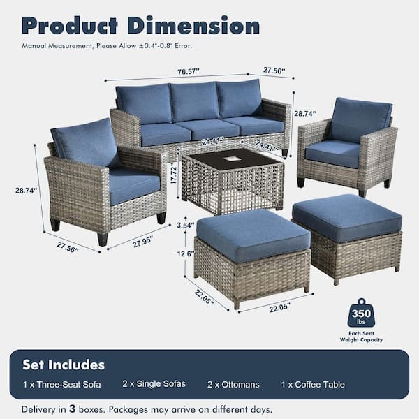 OVIOS New Vultros Gray 6-Piece Wicker Patio Conversation Set with