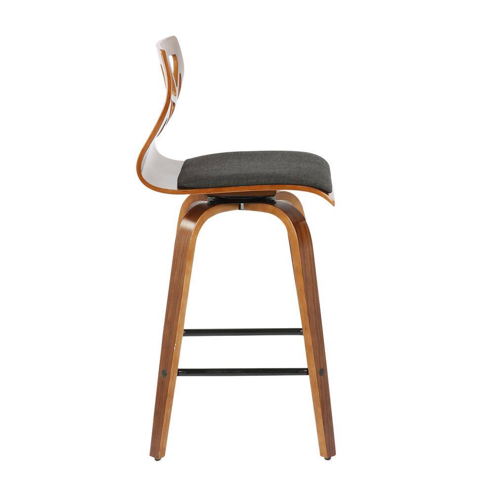 Charcoal Gray Swivel Counter Stool with Walnut Wood Frame