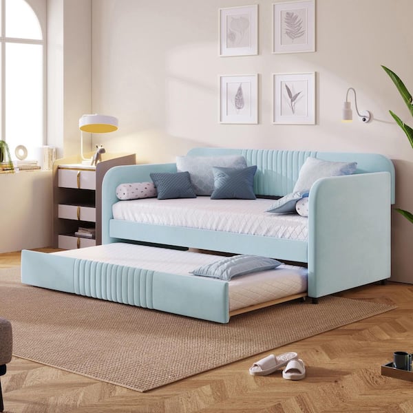 Light Blue Twin Size Velvet Upholstered Daybed with Trundle
