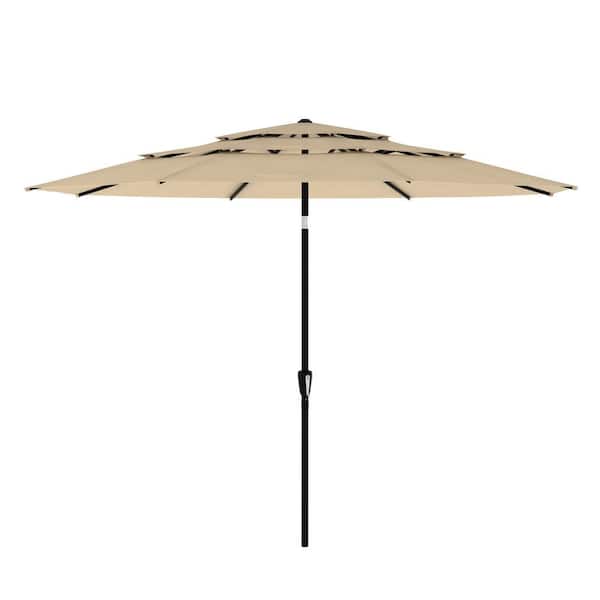 11 ft. Outdoor Market Umbrella with 3-Tier Vented Canopy, Patio Umbrella with 8 Heavy-Duty Ribs and Crank Tilt in Khaki
