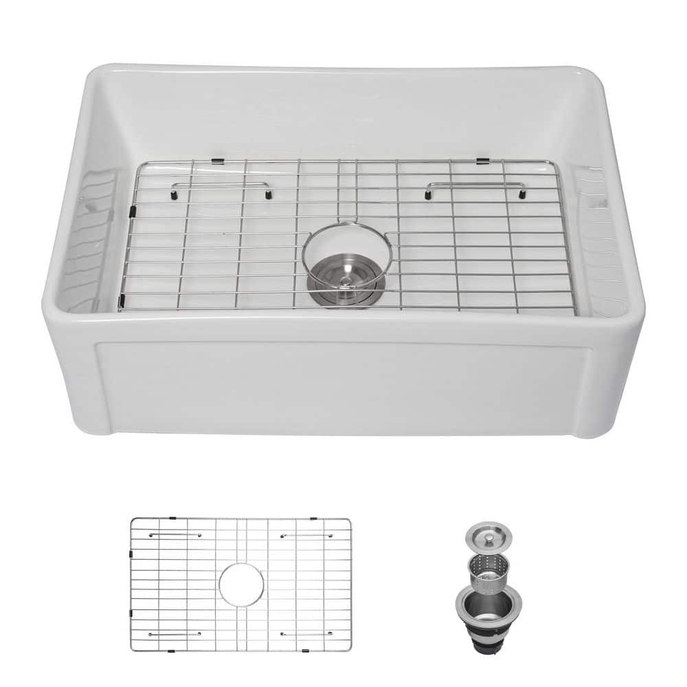 30 in. Farmhouse Single Bowl 16 Gauge Apron-front White Ceramic Reversible Kitchen Sink with Basket Strainer price history on PriceWatchPro
