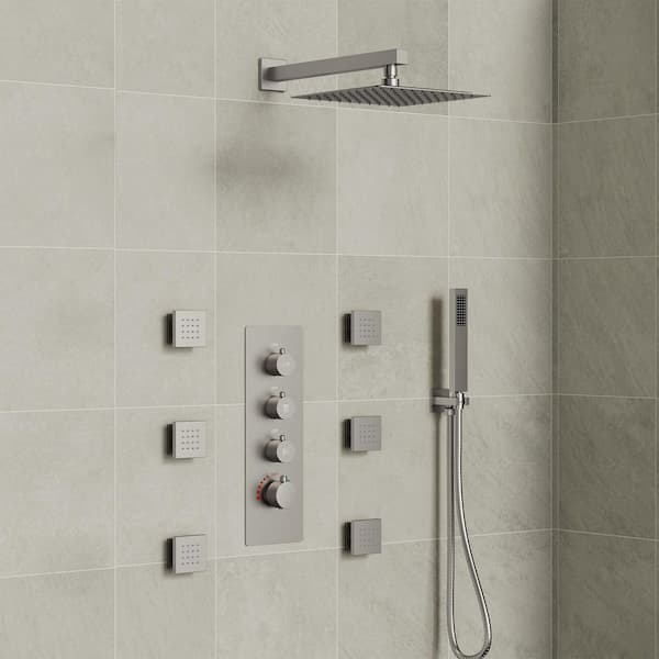 7-Spray Patterns Thermostatic 12 in. Wall Mount Rain Dual Shower Heads 2.5 GPM in Brushed Nickel (Valve Included)