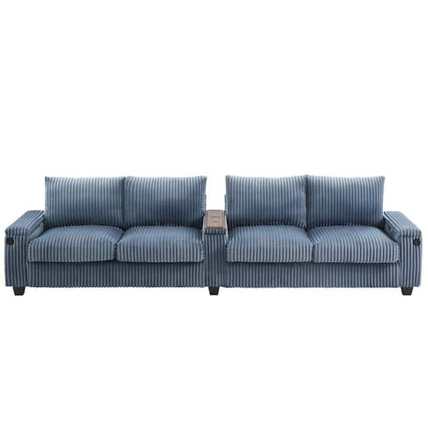 Luxury Collection 133 in. Square Arm Corduroy Modern Rectangle 4-Seater Sofa in Blue with Storage and USB Ports