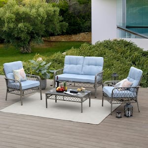 4-Piece Metal Outdoor Hollow-Out Patio Conversation Set Seating Group with Blue Cushions