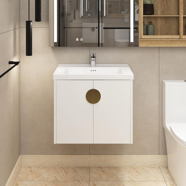 Staykiwi 24 in. W x 18.5 in. D x 21 in. H Floating Bath Vanity in Glossy White with White Ceramic Basin Top