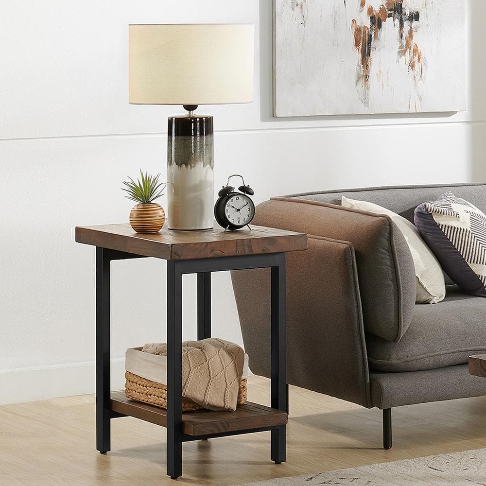 Pomona 27 in. Rustic Natural Finish Metal and Wood Rectangular End Table, Living Room Furniture, Home Decor Accent Stand - thumbnail 4