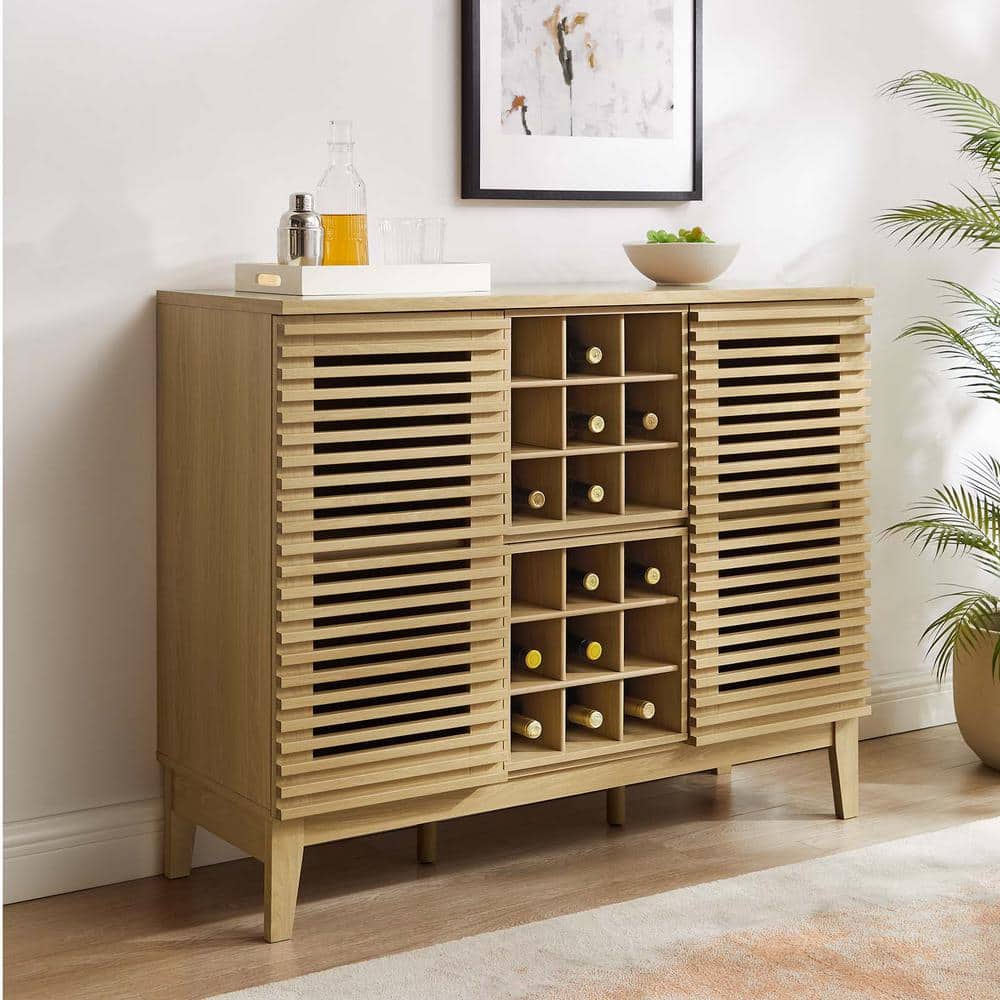 Mid-Century Slatted Oak Bar Cabinet with Integrated Wine Rack