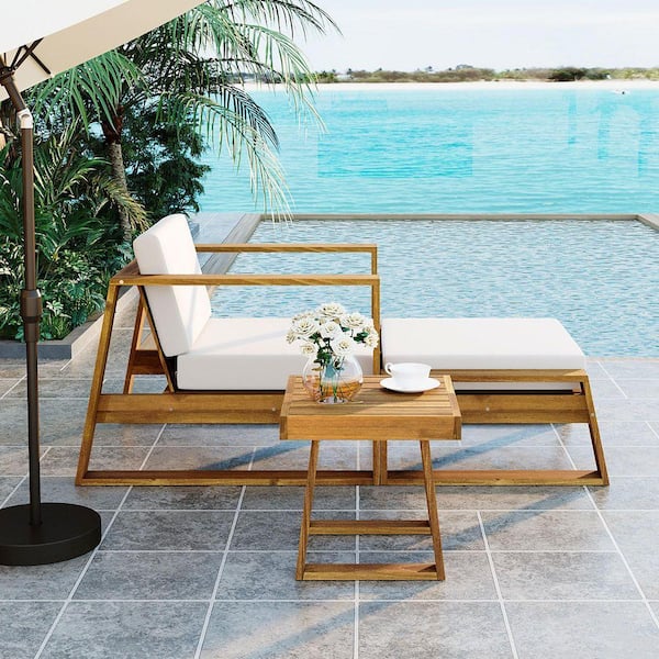 Natural Acacia Wood Outdoor Lounge Chair with Ottoman, Beige