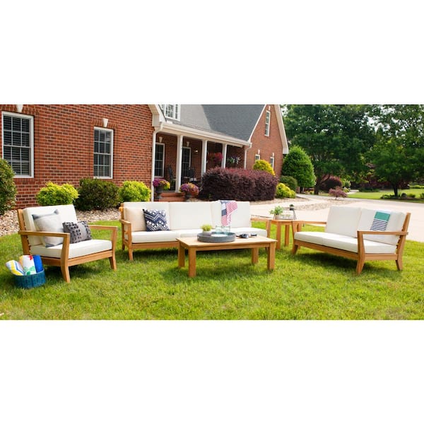 Linon Home Decor Can Natural Brown Teak Outdoor 2 Seater Loveseat With Beige Polyester Cushions Thdod4588 The