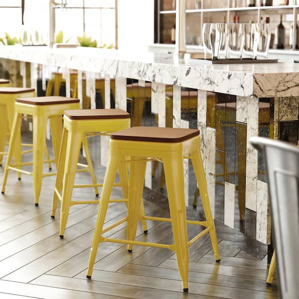 25 in. Yellow/Teak Metal Outdoor Bar Stool