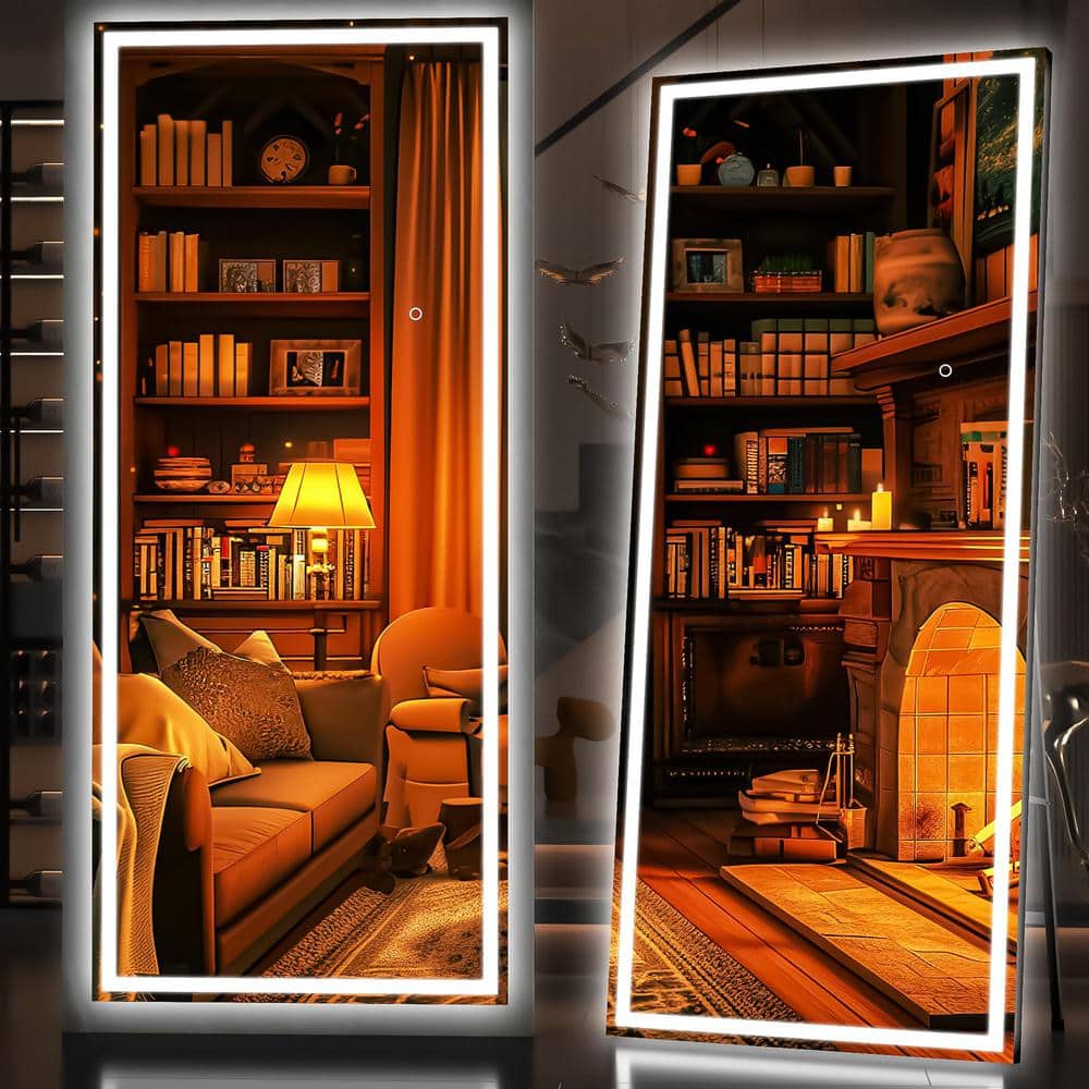 28 in. W x 75 in. H Square Black LED Lighted Floor Standing Mirror, Hanging