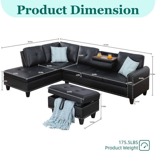 HOMEFUN 98 in. Faux Leather L-Shaped 3-Piece Cup Holders Chaise