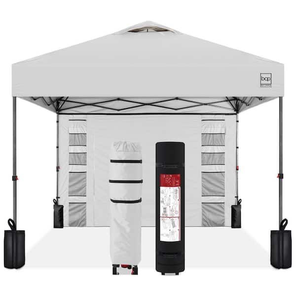 10 ft. x 10 ft. White Easy Setup Pop Up Canopy Portable Tent with 1-Button Push, Side Wall, Case