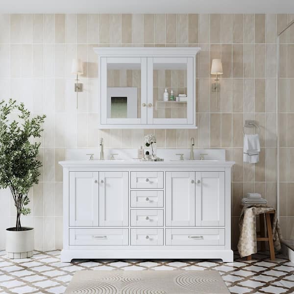 60 in. Freestanding Solid Wood White Bath Vanity with White Cultured Marble Top Assembled, Soft-close Door and Drawer