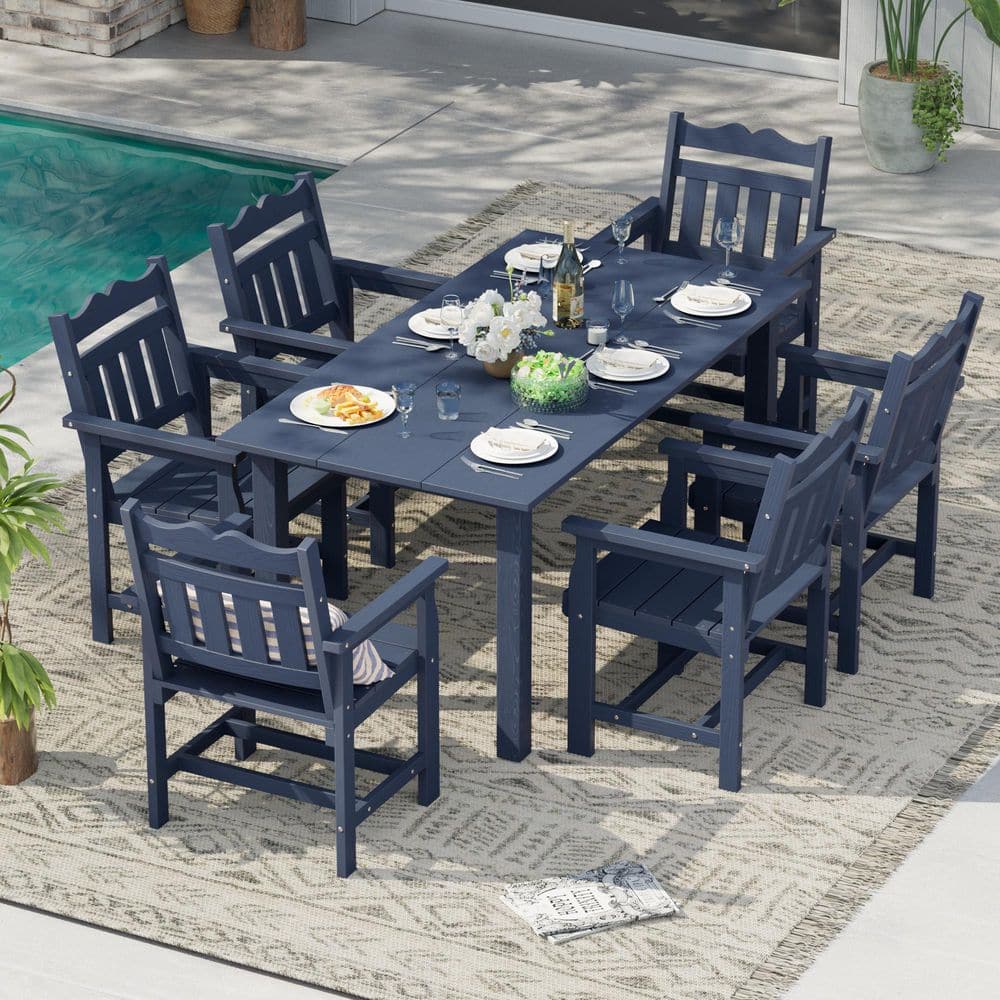 7-Piece Plastic Outdoor Patio Dining Set, Rectangular Table with Umbrella Hole and 6-Chairs in Navy Blue price history on PriceWatchPro