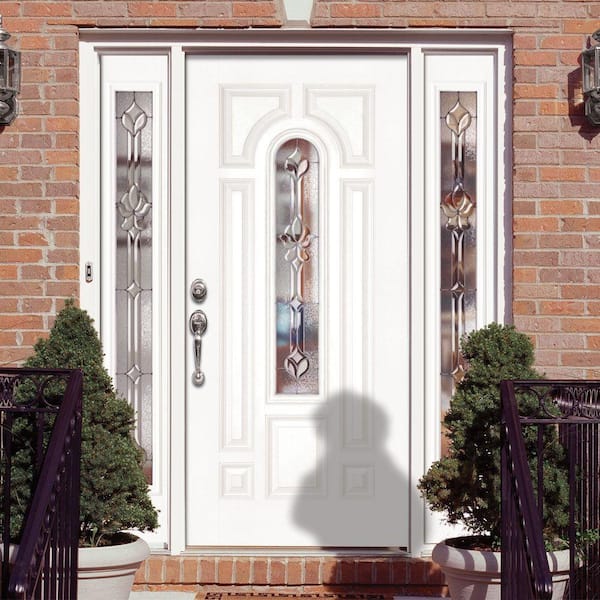63.5 in.x81.625 in. Medina Zinc Center Arch Lite Unfinished Smooth Left-Hand Fiberglass Prehung Front Door w/Sidelites